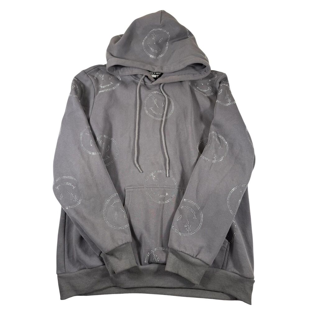 Retrovert Grey Hoodie with Smiley Rhinestone Smiley Faces Size L